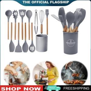 [TOPACE MALL]Elegant 12-Piece Kitchen Utensil Set with Heat-Resistant Wooden Handles for Cooking and Serving