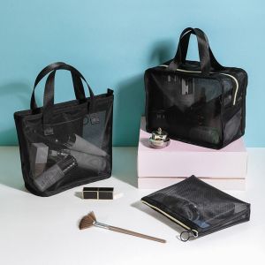 BEAUTYandLADIES Portable Fashion Square Bag Travel Organizer Black Organizer Case Large Capacity Cosmetic Cases Mesh Cosmetic Bag Makeup Bags Storage Toiletry Bag