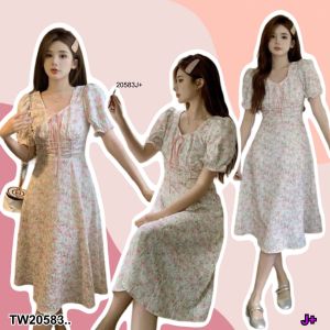 TW20583 เดรสทรงคอเหลี่ยม แขนสั้น.ตุ๊กตา ผ้าพิมพ์ลายนูน ..