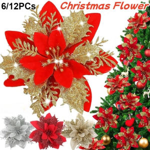 6/12PCS Poinsettia Artificial Flower for Christmas Tree Decor Flower Glitter Xmas Wreath Decor for Home Xmas Party Decor