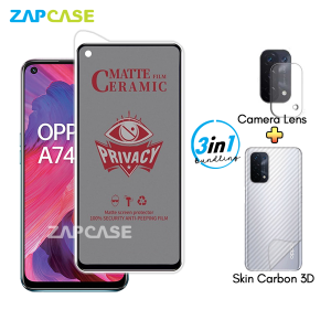 Paket 3in1 Anti Gores Layar Privasi Oppo A74 5G Free Tempered Glass Camera dan Skin Carbon