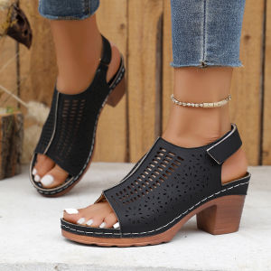 Free Shipping Plus-Size New Retro Open-Toe Hollow-Out Fish-Mouth Sandals With Chunky Heels And Velcro Straps