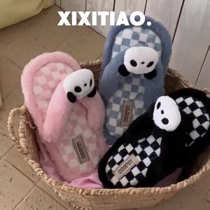 WY-Xixitiao Dễ thương Gấu trúc lông Flip-flops mùa thu mùa đông nhà mới trong nhà ngoài trời thường ngày Toe-Bài Dép bông cho phụ nữ