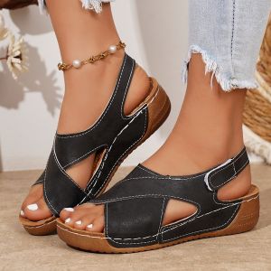 [Free Shipping] New Style Plus-Size Thick-Soled Wedge-Heeled Roman Sandals For Women Beach Sandals Summer Sandals With Velcro Straps Open-Toe Design And Breathable Material