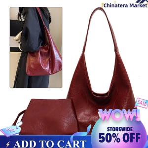 【Chinatera】Women Leather Shoulder Bag Fashion PU Tote Bag Casual Hobo Bag and Clutch 2pcs Shoulder Bag and Handbag Set Shopping Bag
