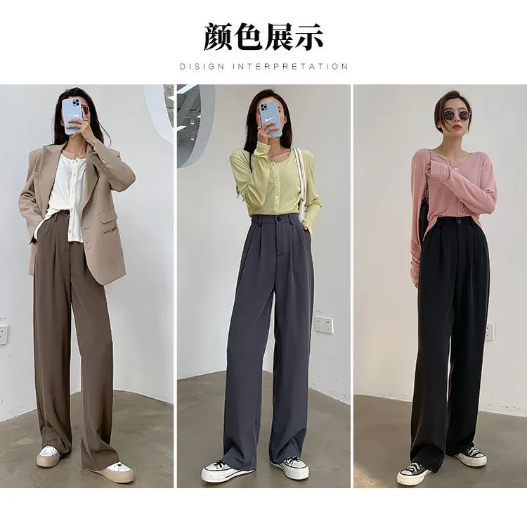 40-105Kg】 Plus size suit pants for fat women Korean style Wide Legs High  Waist Casual Loose Straight Trousers for work