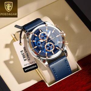 POEDAGAR chronograph watch for men waterproof 2024 sale original multifunctional genuine leather calendar luminous sports watch