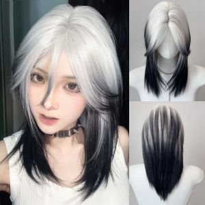 GUAIP Gothic Style Black and White Gradient Wigs Samurai Head Lolita Cosplay Mullet Head Wigs Fasion Breathable Wolf Tail Hair for Men and Women