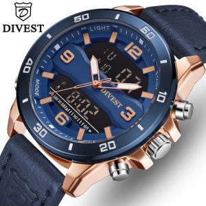 DIVEST Top Brand Luxury Fashion Mens Watches LED Digital Chronograph Casual Sport Quartz Waterproof Military Men Leather Watch