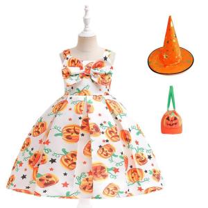 Kids Girls Witch Cosplay Dress Halloween Wizard Witch Pumpkin Dress Printing Pattern Princess Tutu Dress Suits Children Magician Costume 【Dress+Hat+Bag】