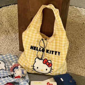ESH63 Printed Kitty Cat Canvas Bag Cartoon Plaid KT Cat Shoulder Bag Fashionable Large Capacity Blue Plaid  Handbag Girl