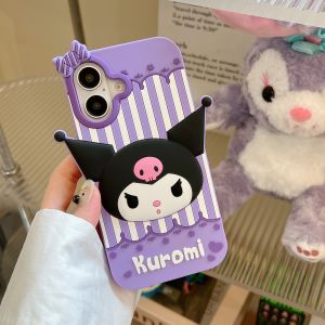 【New】Liquid Silicone Phone Case Cute Cartoon Bow Kuromi & Kitty & Melody Pattern  with Bracelet For iPhone 11 12 13 14 15 16 Series