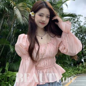 baifernbah ดาวรุ่นเดียวกัน เสื้อแขนพอง เสื้อแฟชั่นแขนยาว เสื้อฮัน เก็บเอว แสดงผอม รุ่นสั้น เสื้อแขนยาว