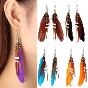 BETTERFORM Women Jewelry Fashion Bohemian Style Vintage Long Tassel Feather Earrings Rice Beads Dangle Drop Earring