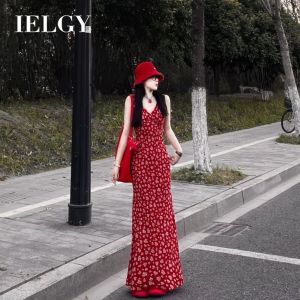 IELGY Retro floral red dress for women A-line sling holiday style seaside long dress
