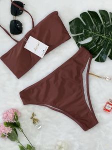 บิกินี่ เกาะอกสีน้ำตาล เรียบหรู ปรับสายด้านหลังได้ ไซส์M