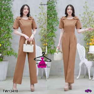 TW13418 จั้มสูทขายาว แขนพอง ไหล่ติดโบว์