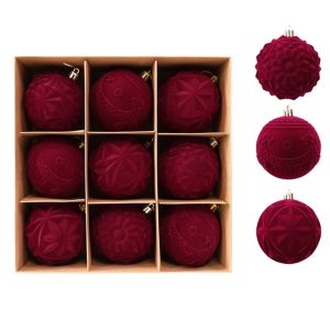 CHUAN 8 CM Red Flocked Christmas Balls Ornaments Shatterproof Break-Resistant Xmas Tree Baubles Pendants Reusable Solid Color Tree Hangable Bauble Set Holiday Tree Decor