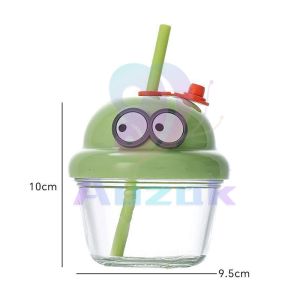 AU. 210ml Mini Glass Cup with Lid and Straw Cartoon Glass Milk Juice Cup