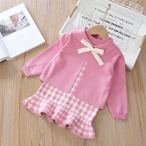 Dress Anak Perempuan Setelan Cardigan Kerah Pita Besar Renda Kotak Kotak Lengan Karet Terbaru