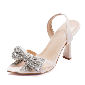 Liyke Fashion Crystal Rhinestone Bowknot Pointed Open Toe Back Strap Sandals Women Pink High Heels Wedding Prom Shoes Size 35-41