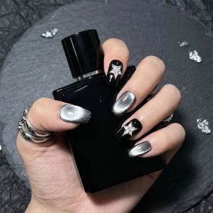 10pcs/bag Handmade Press On Nails Short Coffin Cat Eye French Design Spring Floral Pattern Reusable Detachable False Nail
