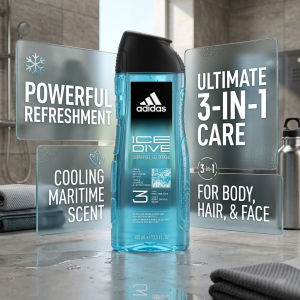 Adidas Ice Dive 3-in-1 Shower Gel (400ml) Body Hair & Face Wash Refreshing Mens Grooming Cooling Peppermint Scent