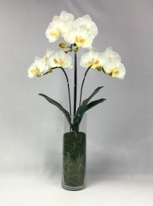 ดอกกล้วยไม้สีขาวพร้อมแจกันแก้วทรงสูง แจกันดอกไม้ประดิษฐ์เกรดพรีเมี่ยม