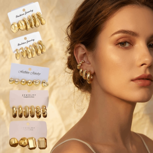 OURTOUR Geometric Hoop Earrings Set Chunky Glossy CCB Gold Plated Earrings Vintage Luxury C Shape Hoop Earring Wedding