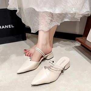 【Free Shipping】Plus-size mid-heel womens shoes 2025 summer new style chunky heel closed-toe slippers womens dual-use versatile sandals