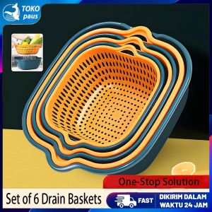 6Pcs Tempat cuci sayur baskom saringan tempat cuci peniris beras buah sayuran saringan multifungsi peniris ai