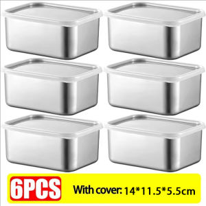 6Pcs Stainless Steel Food Storage Container with Lid / Refrigerator Frozen Food Keep-freshing Box / Premium Food Tray / Household Lunch Bento Case / Resuable Fruit Vegetable Sealing Organizer
