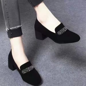 Free Shipping Pointed-Toe Chunky-Heeled WomenS Shoes 2026 Spring/Autumn New Collection Soft Leather Upper And Sole Slip-On Style Mid-Heel Soft Leather Shoes