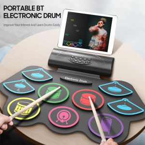 9 Pads Electronic Drum Set Roll-Up Practice Drum Built-in Dual Speaker BT Tabletop Drum Headphone Jack Recording Ftion