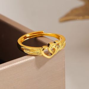 Elegant Hollow Double‑Heart Open Adjustable Ring Gold Plated Intertwined Love Heart Band Dainty Promise Ring for Ladies Daily Wear