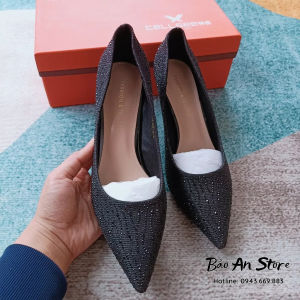 ẢNH THẬT / ĐEN / QCCC - Giày Cao Gót Mũi Nhọn Đính Đá Gót Guốc 5 Phân - HÀNG QUẢNG CHÂU CAO CẤP 6518