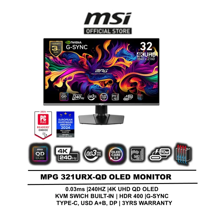 MSI MPG 321URX QD-OLED AI VISION GAMING MONITOR 4K UHD HDR 400/ 0.03ms RESPOND TIME /240HZ REFRESH RATE/ KVM SWITCH BUILT-IN / TYPE-C+ USB +DP+ HDMI /3YRS OLED