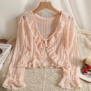 Newlan WT021 Outer Knit Cardigan Sunscreen outerwear womens summer thin fairy top super fairy lace outerwear shawl shirt Gaun Selempang Musim Panas Wanita Kardigan Pelindung Matahari Blus Pertandingan Luar Front Cardigan top atasan pita lace outer lengan