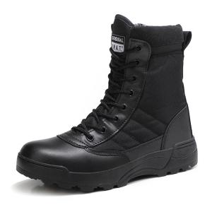 Mens Ultra Light Tactical Boots Black Leather High Cut Shoes Combat Shoes Outdoor Non Slip Biker Boots Casual Mountaineering Boots