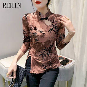 REHIN Autumn new retro plate buckle hand-beaded Classic Traditional style double-layer mesh hollow long-sleeved T-shirt blouse for women