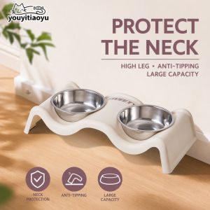 Raised Cat Bowl Double Pet Bowl Stainless Steel Non Spill Wide Base Large Capacity Elevated Feeder For Home