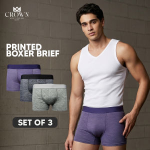 Crown Mens Printed Boxer Brief Set of 3 Random Colors Garterized Design Cotton Boxers Hexagon Adult briefs for men original brand