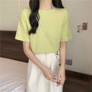 IELGY womens summer Korean version loose all-match Hong Kong flavor solid color short-sleeved t-shirt