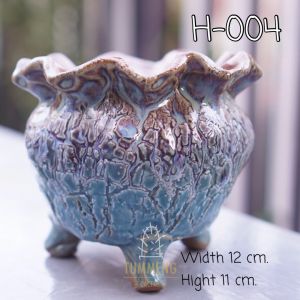กระถางดินเผาเคลือบ/กระถางแฮนเมค/กระถางปลูกต้นไม้/ กระถางแคคตัส ทรงกลมอ้วนปากจีบH004-005
