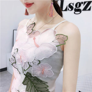 Floral Embroidery Knitted Camisole Tank Tops for Women