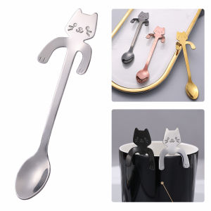 【LovingLife Store】1 PCS Mini Cute Coffee Spoon 304 Stainless Steel Cartoon Cat Spoon Teaspoon Dessert Snack Scoop Milk Children Spoons Tableware Kitchen Tool Hanging cups