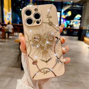 Case for iPhone 16 Pro Max iPhone 15 Pro Max iPhone 14 Pro iPhone 13 iPhone 16 Plus Max Heartbeat Series Phone Case Rhinestone Bracket Bracelet Lens Protection Shockproof Protective Case