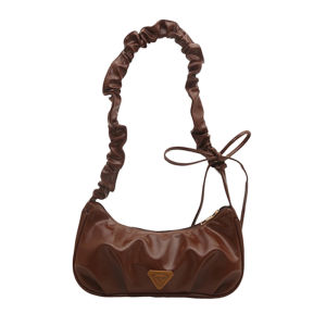 Retro Brown & Silver Ruched Crescent Bag with Gathered Strap