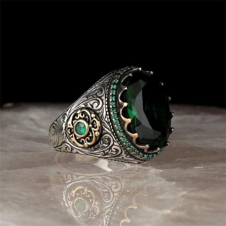 Men's Retro Green Gemstone Zircon Statement Ring Male Jewellery