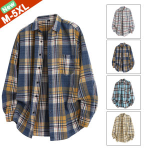 Fast Ship Autumn Shirts Men Casual Plaid Men Shirts Male Long Sleeves Shirts Clothing Youth Boy Japan Korean Coats Plus Size 5XL